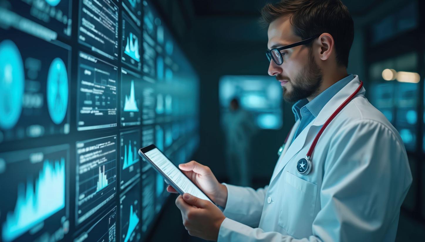 Doctor wearing white coat reviews patient health data displayed on digital tablet.